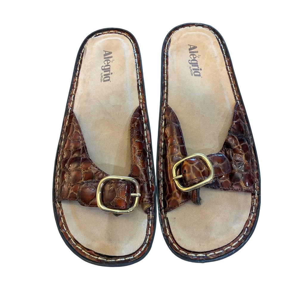 Alegria Slide Sandals Women 40 8.5 Brown Croc Embossed Excellent Buckle Comfort